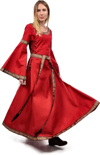 Vista 8 de KUOIN Women's Renaissance Embroidered Dress, Long Sleeve Lace-up Viking Queen Cosplay Costume with Belt for Wedding Prom