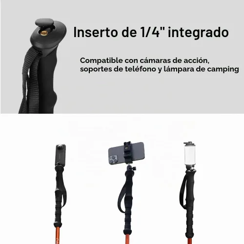 Vista 3 de Selfie Trekking Pole – Ultralight 7075 Aluminum Hiking Poles with Built-in 1/4” Mount, Selfie Clamp, Tripod & Camera Kit – Adjustable Flip-Lock