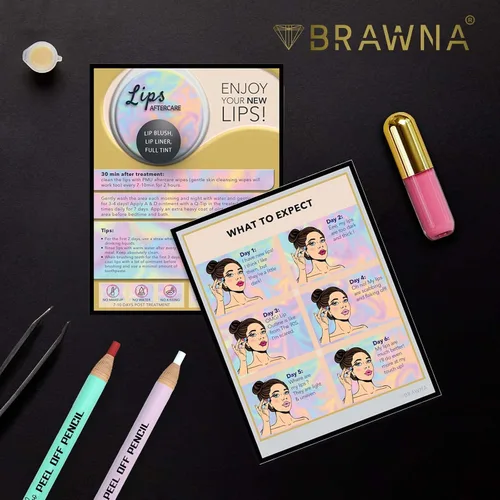 Vista 2 de BRAWNA Paquete de 50 tarjetas de cuidado posterior de rubor de labios, suministros de PMU, kit de PMU, suministros de rubor de labios, tamaño: 5.5 x