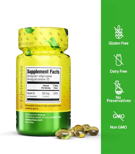 Vista 2 de ORZAX Vitamina D3 10000 iu (250 mcg) - Sin OMG, sin gluten, sin azúcar, sin lácteos - Suministro de 120 días para una función muscular fuerte