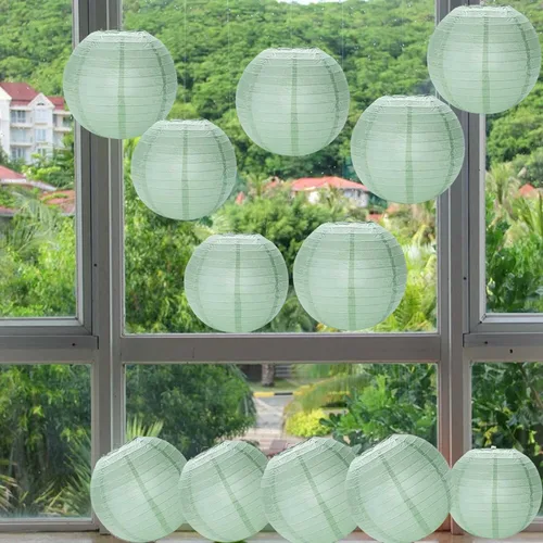 Vista 4 de Faroles de papel verde salvia polvoriento, 12 linternas de papel redondas colgantes decorativas para graduación, baby shower, boda, cumpleaños