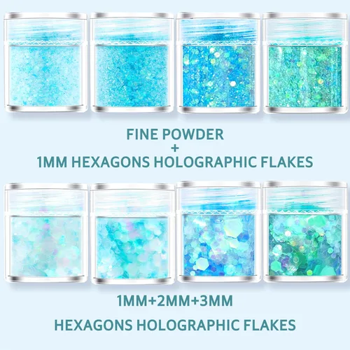 Vista 2 de GABOX Juego de 8 tarros de purpurina azul hielo, polvo fino holográfico y copos de lentejuelas de 0.039 in, 0.079 in y 0.118 in para cosméticos