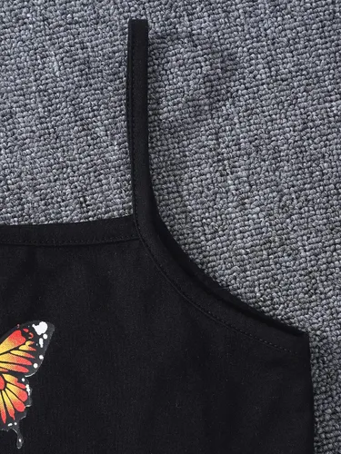 Vista 3 de SOLY HUX Camiseta de manga corta con estampado de mariposas y dobladillo alto y bajo, con pantalones deportivos, 3 piezas