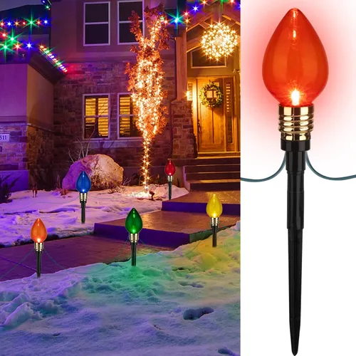 Vista 14 de Brightown Tira de luces LED estilo sendero de Navidad para exteriores; tira de 20 luces LED C9 de 25.7 pies con 20 estacas interconectables y a