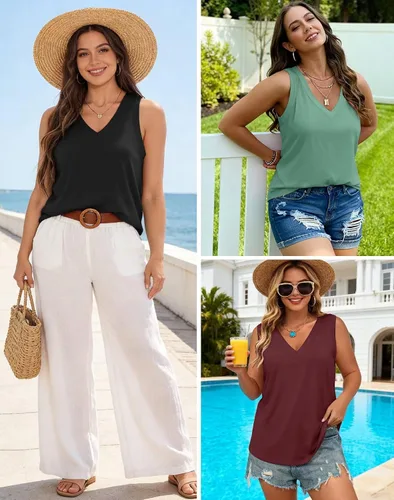 Vista 5 de KKJ Paquete de 3 camisetas sin mangas para mujer 2026 primavera verano vacaciones trajes cuello en V suelta sin mangas blusa casual camisas ropa