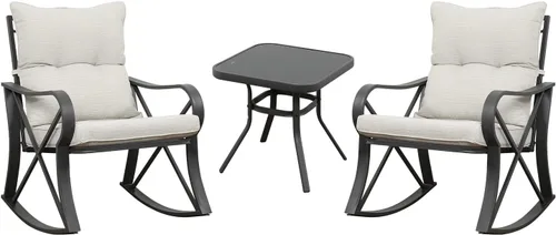 Vista 3 de HOMPUS Juego de 3 sillas mecedoras para exteriores, juego de muebles de mimbre para patio, marco de metal, juego de rocas para patio con cojines