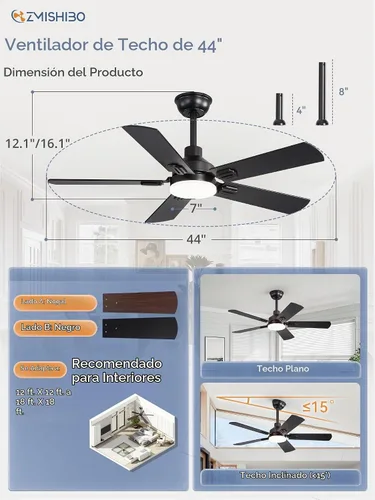 Vista 5 de ZMISHIBO Ventiladores de techo de 44 pulgadas con luces, ventilador de techo moderno negro con control remoto, ventilador de techo