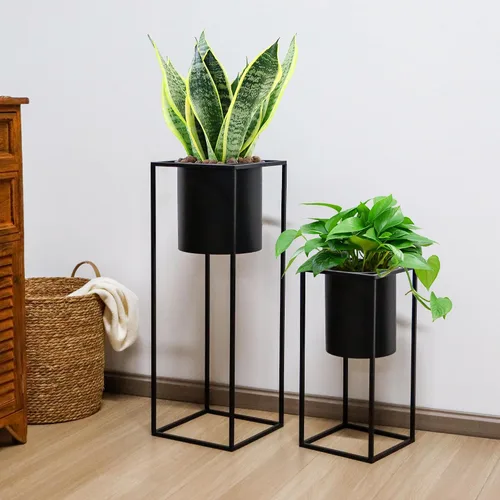 Vista 8 de TRIROCKS Juego de 2 macetas grandes de metal con soporte para plantas de interior de 28 y 18 pulgadas de alto para sala de estar, esquina, cocina