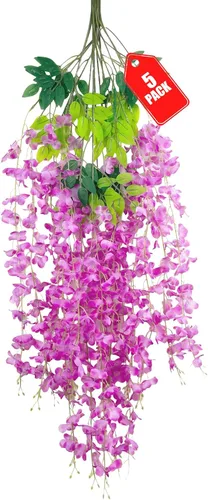 Vista 25 de Paquete de 12 flores colgantes de glicina rosa, flores colgantes falsas de 3.44 pies, guirnalda de glicina artificial para decoración de boda, telón