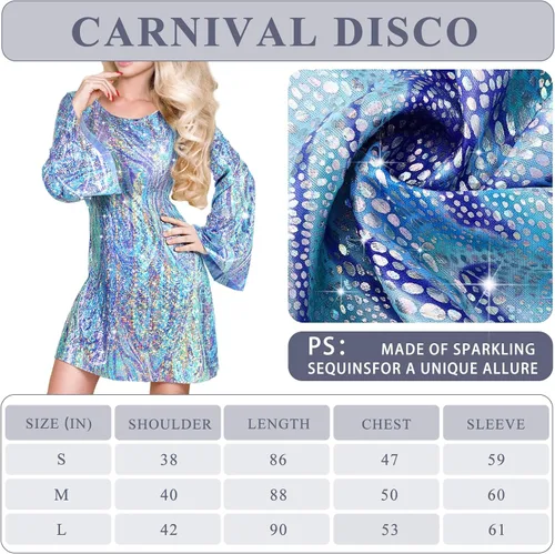 Vista 3 de Jeyiour Conjunto de 6 piezas de disfraz y accesorios de discoteca para mujer, vestido de los años 70, bufanda, pulsera, aretes, diadema, lentes