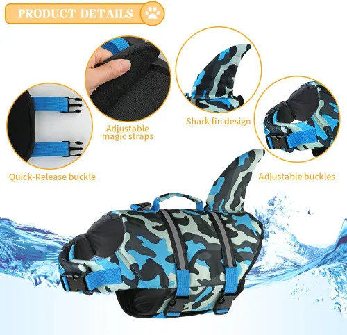 Vista 3 de Doglay Chaleco salvavidas para perro, chaleco salvavidas de tiburón Camuflaje azul-tiburón