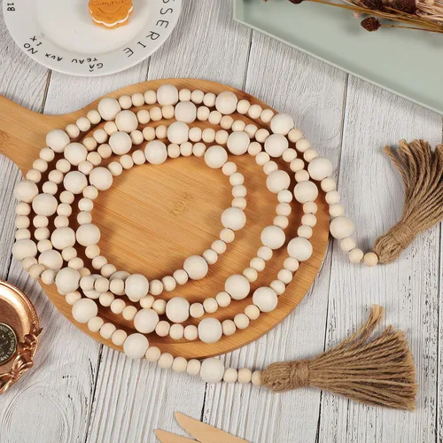 Vista 3 de Jetec - Guirnaldas de cuentas de madera de 7,9 pies con borlas, adornos colgantes navideños de estilo boho, decoración rústica de granja para mesa