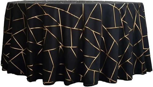 Vista 7 de Efavormart - Mantel redondo de poliéster de 120 pulgadas con patrón geométrico dorado Negro