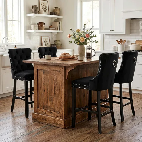 Vista 283 de SoarFlash Juego de 2 taburetes de bar tapizados de terciopelo moderno con patas de madera, botones acolchados, cabeza de clavo cromada, asiento