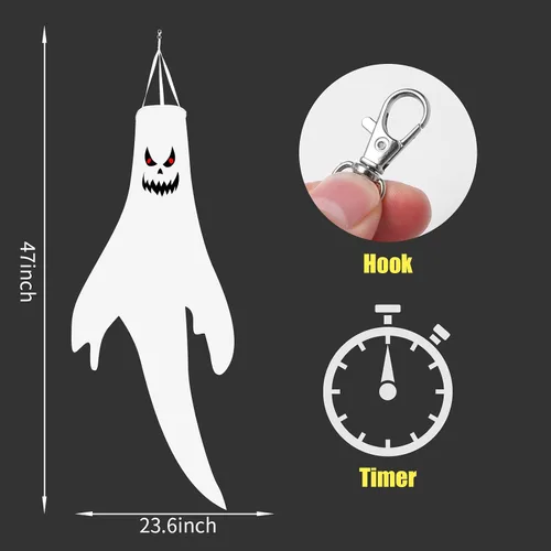 Vista 2 de Decoraciones de Halloween, para colgar al aire libre, calcetines de viento fantasma para árboles con temporizador, fantasmas LED para colgar