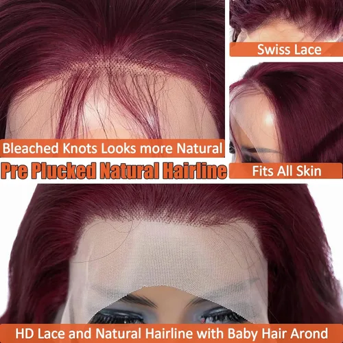 Vista 4 de Pelucas de encaje frontal 99j burdeo onduladas con cabello humano pre-arrancadas 13x6 para mujeres negras, onda corporal, sin pegamento, nudos 99j
