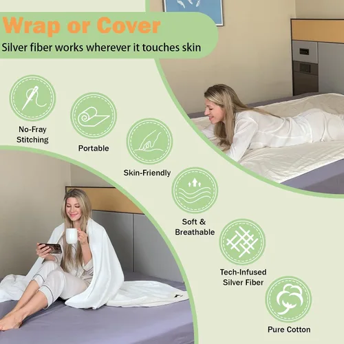 Vista 4 de Manta de conexión a tierra plateada con fibra de plata para cama, sofá, silla con cable de 15 pies (50"x60", verde)