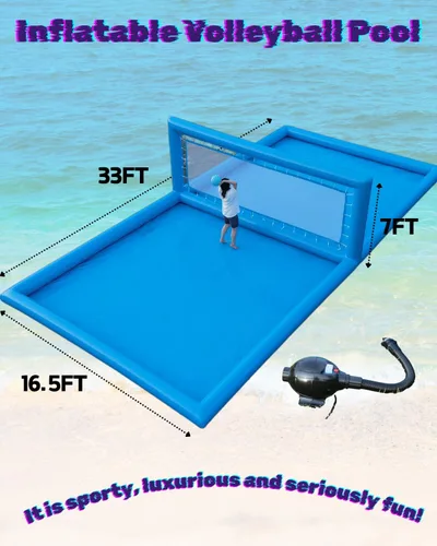 Vista 2 de Cancha inflable de voleibol de agua de 33 x 16.5 x 7 pies con bomba de aire de 800 W, cancha de voleibol de agua, PVC resistente de 0.026 in