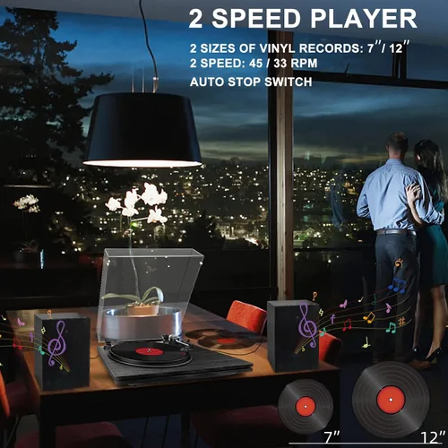 Vista 2 de Tocadiscos para vinilo con altavoces, tocadiscos Bluetooth de 2 velocidades, con contrapeso ajustable, soporte RCA, sistema estéreo para el hogar