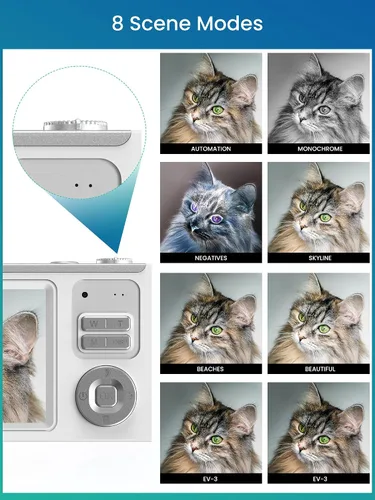 Vista 6 de Cámara digital, cámara 4K para niños, zoom 16X, cámara digital de apuntar y disparar con tarjeta de 32 GB, cámara pequeña portátil con enfoque