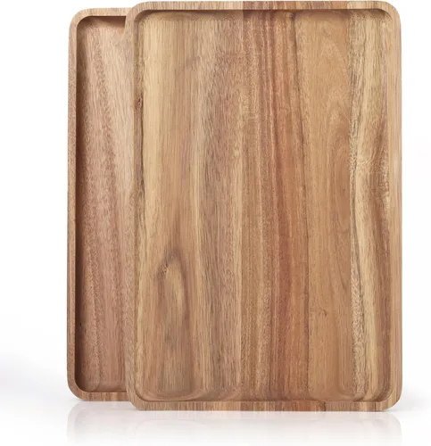 Vista 10 de 2 piezas de bandejas de madera de acacia maciza de 13 x 9 pulgadas, fuentes rectangulares de madera natural para bar, café, fiesta