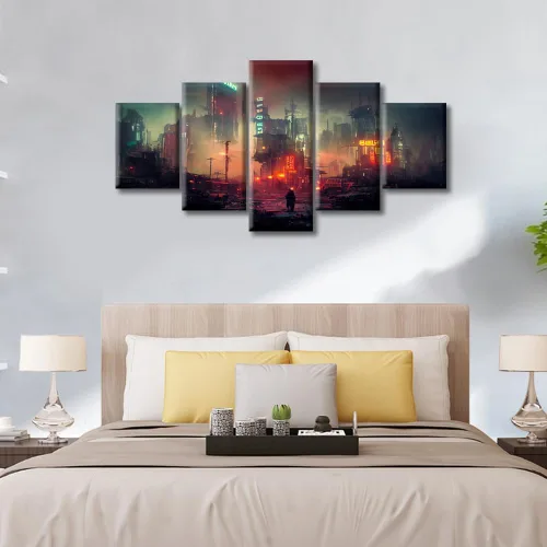 Vista 252 de Cuadros de 5 paneles de Cyberpunk City, arte de pared, representación de vallas publicitarias, edificios modernos en la capital con obras de arte
