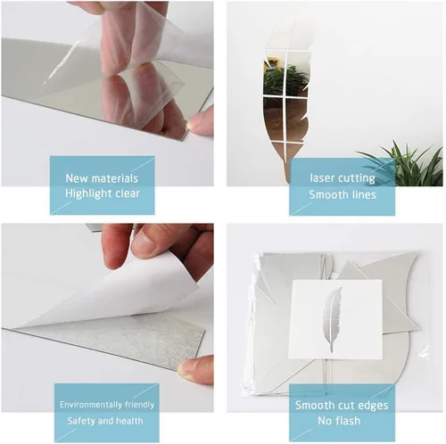 Vista 11 de SITAKE Adhesivos decorativos de pared de espejo acrílico 3D, 11.8 x 49.2 pulgadas, con forma de plumas, calcomanías de arte de pared autoadhesivas