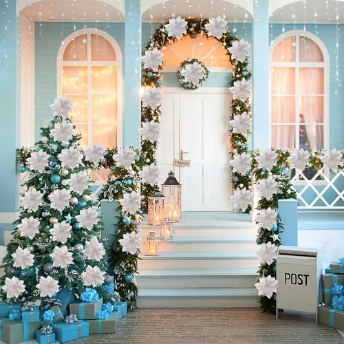 Vista 7 de Zhuqing - 15 decoraciones de flores de Pascua artificiales para Navidad, adornos de flores de Pascua para árbol de Navidad con purpurina, flores