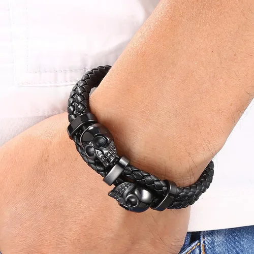 Vista 3 de Pulsera de Cuero de Doble Fila con Calavera para Hombre, Pulsera Trenzada con Calavera Negra o Plateada para Hombre, Joyería Punk Masculina