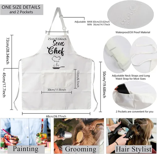 Vista 3 de MBMSO Delantales de chef y sous chef, delantales familiares a juego con bolsillos, para mamá, papá, hijo, hija, delantal de cocina, regalo