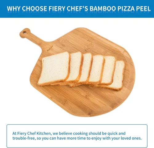 Vista 7 de Fiery Chef Pala de pizza de bambú de 12 pulgadas, tabla de cortar de madera ligera y lisa con 8 ranuras para rebanadas, accesorios para horno