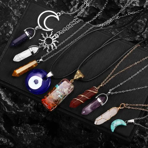 Vista 4 de Vintage Crystal Pendant Necklaces for Women Girls Chakra Healing Carnelian Necklace Bohemian Retro Sunflower Necklace Sun and Moon Pendants