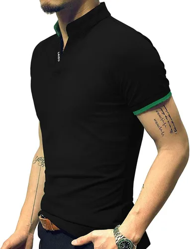 Vista 6 de LOGEEYAR Camisas polo Henley de moda para hombre, camisetas casuales de manga corta/larga, camisas de polo de algodón ajustadas para hombre Negro
