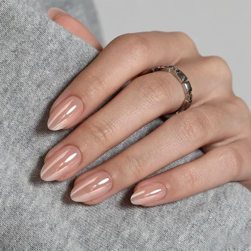 Vista 15 de Uñas cortas a presión de almendra, uñas con purpurina rosa degradado 3H-rosa con purpurina