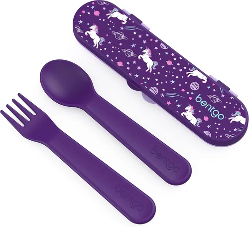 Vista 14 de Bentgo Juego de utensilios para niños, tenedor, cuchara y estuche de almacenamiento de plástico reutilizable, materiales sin BPA, asas de fácil