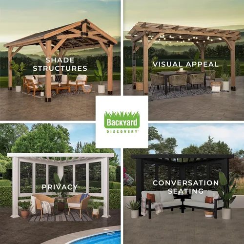 Vista 12 de Pérgola de cabana de Backyard Discovery en estilo Toscana con paneles de privacidad de guijarro y asientos para charlar en pómez