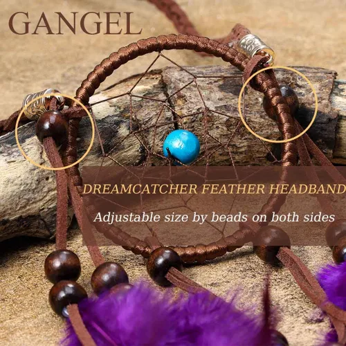 Vista 2 de Gangel Diadema de plumas turquesas, tocado indio gitano, atrapasueños, hippie, plumas, con plumas moradas, cuerda de cáñamo larga con borla
