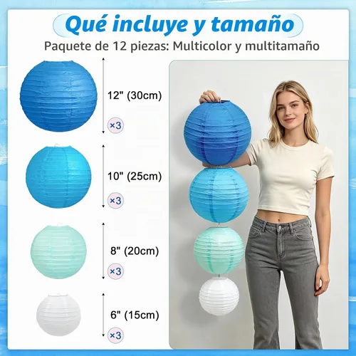 Vista 2 de Faroles de papel azules, 12 piezas de 6 a 12 pulgadas redondas para colgar decoraciones de fiesta