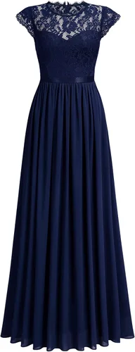 Vista 5 de Miusol Vestido de encaje floral formal para mujer, de manga corta, para fiesta de noche, largo Azul marino