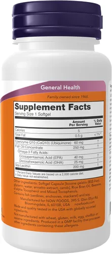 Vista 2 de NOW Suplementos, CoQ10 60 mg con aceite de pescado Omega 3, Salud cardiovascular*, 60 cápsulas blandas