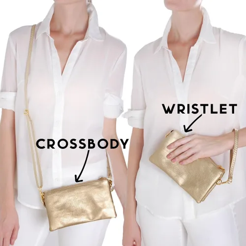 Vista 5 de Humble Chic bolsa pequeña de piel vegana, para usar cruzada o cartera con ajuste de pulsera, incluye hombro ajustable y correa para muñeca. Oro