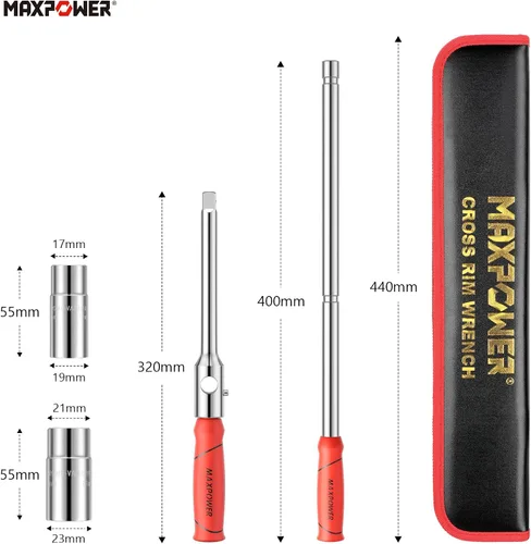 Vista 4 de MAXPOWER Llave para ruedas, Llave de neumático con transmisión de 1/2 pulgada y 2 piezas de llaves estándar (17 mm/19 mm, 21 mm/23 mm), Llave