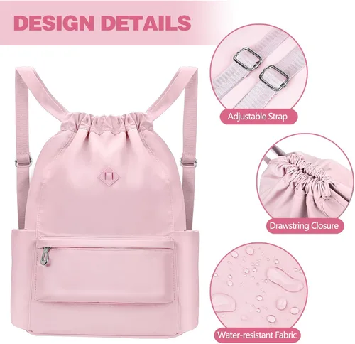 Vista 5 de BAVELOE Mochila con cordón y bolsillo húmedo, mochila de gimnasio resistente al agua, portabotellas, bolsa de cuerda para mujeres y hombres, Rosado