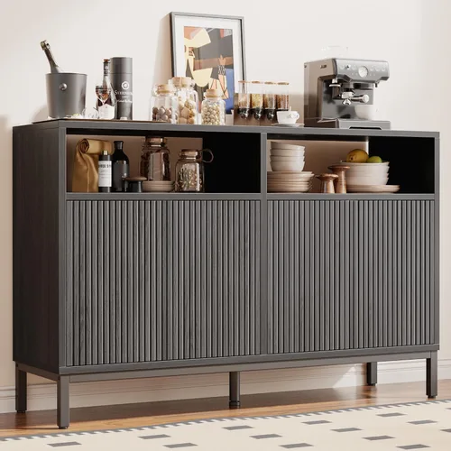 Vista 13 de Mericonia Aparador Buffet Gabinete Almacenamiento, Consola de madera moderna acanalada Credenza