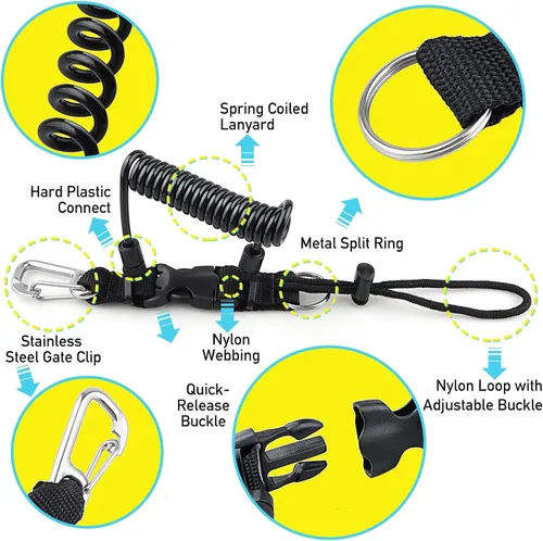 Vista 5 de Buceo bobina Landyard, cordón de acero inoxidable para cámara en espiral con hebilla de metal de liberación rápida