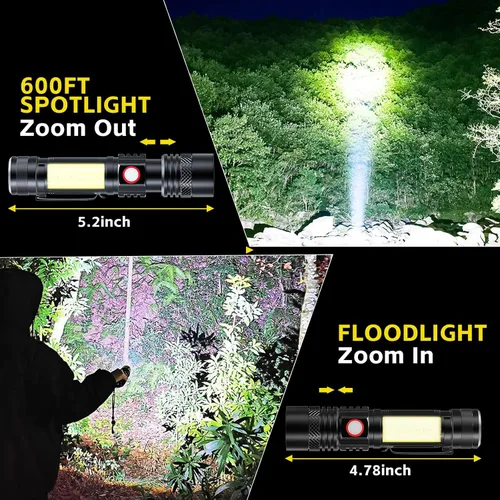 Vista 4 de ATDOALL Linterna LED recargable, linternas magnéticas USB con luz lateral de mazorca, pequeñas linternas tácticas, impermeable, zoomable, luz
