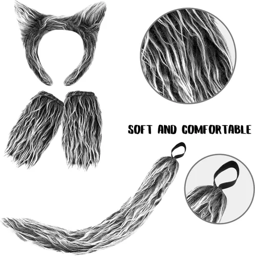 Vista 4 de Exlinonline Disfraz de lobo lobo con diadema guantes orejas y colas para hombres mujeres niñas niños y niñas kit de accesorios de disfraces todo