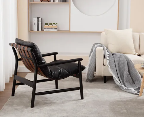 Vista 6 de Kmax Silla decorativa moderna tapizada de piel sintética, cómoda silla de descanso con marco de madera maciza para dormitorio, sala de lectura Negro
