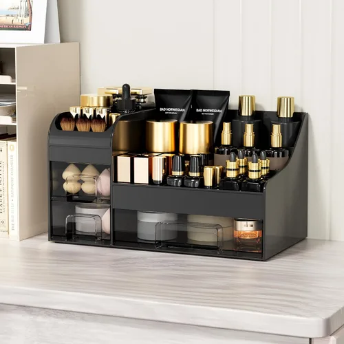 Vista 3 de Organizador de maquillaje extra grande para tocador, organizador de encimera con cajones y soporte para cepillos, organizador de colonia para hombre