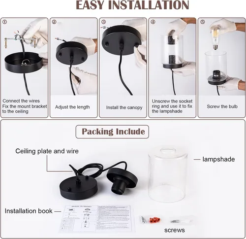 Vista 9 de Mini lámpara colgante industrial moderna de vidrio con semillas de burbujas, cilindro de iluminación colgante de cable ajustable para isla